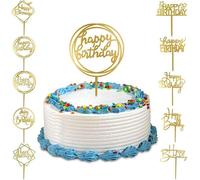 10Pcs Gold Happy Birthday Cake Topper Acrylic Cake Toppers Side Mirror Birthday Signs Cake Inserts Decoration Supplies for Birthday Party