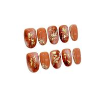 10pcs Gold Leaf Gilded Handmade Nails Gradient Floral Press On Nail Short Oval Full Coverage Nail Tips For Women&Girl Fake Nail(M)