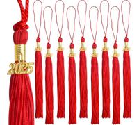 10pcs Graduation Tassels Red Handmade Tassel Grad Cap Decorations with 10pcs Golden 2025 Year Date Charms for 2025 Graduates Graduation Hats Ceremonies Parties Celebrations