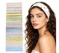 10Pcs Hair Bands for Women, Soft Fabric Headband with Little Cherries, Floral, Polka Dots & Stripes, Wide Headbands for Gather Stray Hairs, Sweet Girls Hair Bands for Daily Wear, Yoga and Sports