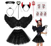 10Pcs Halloween Devil Costume Set Black Devil Fancy Dress Halloween Angel Costume Halloween Costume Devil Wings Devil Horns Scars Tattoo for Halloween Party Cosplay Costume,Fancy Dress Party Outfit