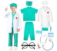 10Pcs Halloween Kids Doctor Costume, Toddler Nurse Scrubs Child Role Play Accessories with Doctor Lab Coat Mask Stethoscope Syringe Glasses Children Doctor Fancy Dress for Boys Girls Cosplay