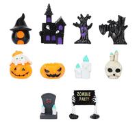 10pcs Halloween Miniatures, Mini Resin Halloween Statues Little Figurines Tiny Pumpkin Haunted House Skeleton Candle Skull Castle Tree Tombstone Statue Small Spooky Figures Decoration for Dollhouse
