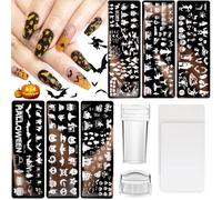 10Pcs Halloween Nail Stamp Plate Kit, 6Pcs Nail Art Image Templates 2 Stamper 2 Scraper Pumpkin Bat Witch Spider Owl for DIY Holiday Nail Art Stamping Stencils Design(Halloween Style)