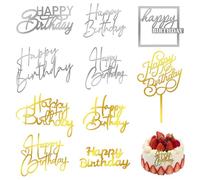 10Pcs Happy Birthday Cake Topper Mirror Acrylic Cake Toppers Glitter Side Cake Decorations Gold Silver Cake Inserts Cupcake Topper Supplies for Birthday Party Cake Desserts Pastries