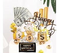 10Pcs Happy Birthday Cake Topper Set, Dollar Bill Sign Cupcake Toppers Money Theme Decorations for Birthday Party Halloween Thanksgiving Christmas Decor