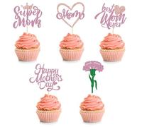 10Pcs Happy Mothers Day Cupcake Toppers, Happy Mothers Day Cake Topper, Glitter Mum's Love Mum Cake Decorations, Best Mom Ever Heart Cupcake Toppers for Mum's Day Birthday Party Cake Decor