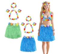 10Pcs Hawaiian Leis Hula Grass Skirt Set,Include 2 Luau Grass Skirts+2 Flower Leis Necklace+4 Bracelet+2 Headband,Fancy Dress Costume for Women and Teens Tropical Luau Party Decoration (Green+Blue)