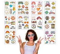 10PCS Hippie Temporary Tattoo Trendy Hippie 60's Flower Tattoo Sticker Face Tattoos for Adults and Kids Love and Peace Sign Temporary Tattoo Party Bag Fillers Party Favours Supplies