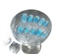 10pcs Ice Blue Cat's Eye Handmade Nails Crystal-Clear Textured Stars Press-on Nails Short Square Fake Nail for Women&Girl(L)