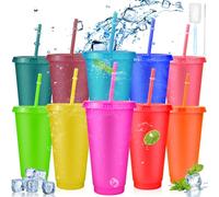 10Pcs Iced Water Cups with Lids & Straws, 24oz Reusable Cold Drinking Tumblers Colourful Gold Glitter, BPA Free Plastic Cup Tumbler Set, Coffee Smoothie Slushy Drinking Cup, Party Cups for Kid Adults