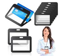 10Pcs ID Badge Holder with Double-Sided Windows Horizontal Hard Plastic Case, Card Holder for Lanyard, for Office School ID Credit Cards Proximity Key Cards Driver’s Licenses and Passes
