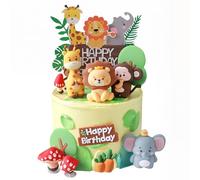 10PCS Jungle Animal Cake Toppers Set, 3D Safari Animals Birthday Cake Decorations with Lion Monkey Giraffe Elephant,Happy Birthday Signs for Boys Girls Shower Party Supplies
