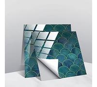 10pcs Kitchen Bathroom Wall Tile Stickers, Hiser DIY Square Marble Mosaic Scales Style Waterproof Decals Sticker for Kitchen Living Room Bathroom Home Decor Self-Adhesive (Turquoise Scales,15x15cm)