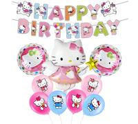 10PCS Kitt-y Party Balloons, Cartoon Cat Foil Balloon Happy Birthday Banner, Cat Theme Birthday Decorations Set with Latex Balloons Party Supplies for Boys Girls Kids