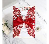 10pcs Laser Cut Blue Glitter Wedding Invitations With Ribbon Birthday Greeting Cards Party Decorations for Wedding Ceremony(Red)