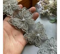 10pcs/lot Pearl Butterfly Flower Organza Embroidery Fabric Lace Trim Ribbon Clothes 3D Beading Flower Wedding Dress Applique-Gray-6cm