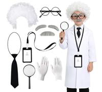 10PCS Mad Scientist Costume Kids Lab Coat with Lunatic Wig Tie Mustaches Eyebrows Glasses ID Card Magnifier, Kids Doctors Outfit Science Dress Up for Boys Girls Halloween Carnival Role Play School