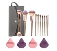 10pcs Makeup Brushes with a Cosmetic Bag + 4 Pcs Washable Wet Dry Dual-Use Powder Puff, Rose Golden Full Makeup Tool Make Up Brushes, Professional Makeup Brush Set