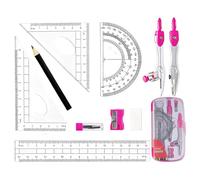 10Pcs Maths Set,Protractor And Compass Kit Math Ruler Pencil Rubber Sharpener School Stationery Drawing Compasses Geometry Sets Case With Storage Box,for Student Secondary Stationary Supplies (Red)