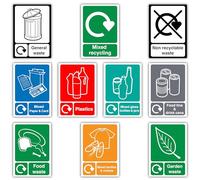 10PCS Mixed Recycling, Paper & Card, Plastics, Glass Bottles & Jars, General, Food, Garden, Non Recyclable Waste, Food Tins & Drink Cans, Textiles & Clothes Bins Signs Vinyl Stickers (105mm x 148mm)