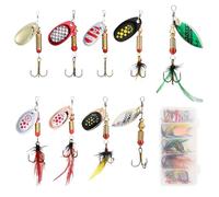 10Pcs Multi-Coloured Metal Fishing Lures Set,Sequins Bait Fishing Tackle Tool,with Rotating Spinners and Treble Hooks,with Transparent Box for Bass, Trout, Salmon, Pike