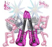 10pcs Music Party Decorations Foil Balloons Set for Kpop Party, Guitar Balloons Disco Ball Pink Musical Notes & Iridescent Explosion Star for K Pop Neon Rock Pop Dance Concert Party Birthday Decor