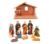 10pcs Nativity Scene Set and Handmade Wooden Stable - Christmas Crib Manger Jesus Birth Hand Painted Resin Figurine Sculpture, Traditional Xmas Home Decorations