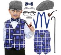 10Pcs Old Man Costume for Boy 100th Day of School Grandpa Costume Accessories Set Wig Suspenders Glasses Tie Stickers Cane Badge Cosplay Fancy Dress for Halloween School Party (5-7Y)