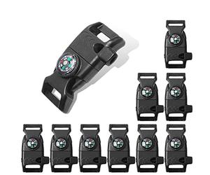 10pcs Pack Black 5/8" Compass Flint Scraper Fire Starter Whistle Buckle Plastic Paracord Bracelet Outdoor Camping Emergency Survival Travel Kits #FLC158-FWC(Black)