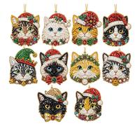 10Pcs Pearl Diamond Art Painting Christmas Tree Ornaments-11-Cat | Pearl Art Christmas Tree Hanging Crafts Gems Decor for Holiday Party Gift Double-Sided