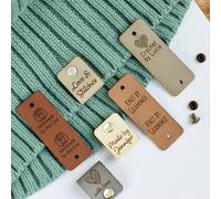 10PCS Personalised Labels for Clothing,Customisable Content Leather Tags with Rivets,Handmade Labels for Knitting and Crochet,Custom Leather Logo and Care Labels (Style-B)