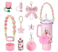 10pcs Pink Accessories Set for Stanley Cup, Water Bottle Decor Compatible with Stanley Cup, Includes Silicone Boot, Woven Handle Strap, Straw Cover, Stanley Charms for Stanley Cup 30/40oz Tumbler