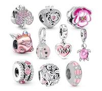 10Pcs Pink Charms for Bracelet Making - Enamel & Crystal Dangle Beads Compatible with Pandora Bracelet - Alloy Charms for DIY Jewelry Crafting - Gift for Mom, Girls & Teens