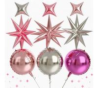 10pcs Pink & Silver Y2K Foil Star Balloons - 22" Large 4d Round Starburst Balloon Trendy Sweet Backdrop Supplies For Birthday, Wedding, Engagement, Baby Shower & Anniversary Decoration