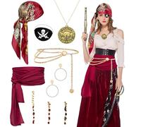 10Pcs Pirate Costume Accessories, Medieval Bandana Kit Renaissance Captain Role play Set with Head Scarf Sash Necklace Eye-patch Earrings Waist Chain Hair Accessories for Women Men Halloween Party