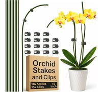 10Pcs Plant Support Stakes for Indoor Plants 16 Inches with 15 Clips, Plant Sticks for Indoor and Outdoor Plants, Tall Bendable Orchid Clips and Single Stem Flower Stakes (Green)