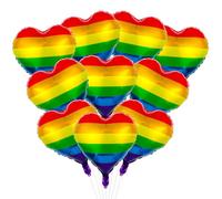 10Pcs Pride Decorations Foil Balloons, Rainbow Heart with Ribbon & Straw