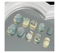 10Pcs Pure Manual Pressing Short Fake Nails Mermaid Tail Angel Rhinestone Nail Tips Suitable For Women For Girls(S-Y2)