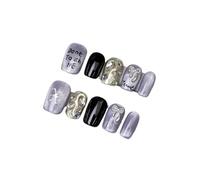 10pcs Purple Handmade Nails Text Graffiti Bow 3D Pearl Press On Nail Short Square For Women&Girl False Art(XS)