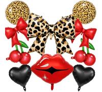 10pcs Red and Black Leopard Print Balloons Set, Cheetah Balloons with Bow Lips Cherry Heart Foil Balloon for Women Birthday Baby Shower Girls Night Bachelorette Kiss the Miss Goodbye Party Decorations