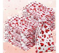 10Pcs Red Heart Printing Drawstring Bags Transparent Jewelry Candy Packaging Gift Bag Valentine's Day Wedding Mesh Bags (10 * 15cm)