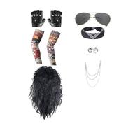 10Pcs Rock Star Fancy Dress, 70s 80s 90s Rockstar Costume Accessories Glam Rock Wig Set for Men Women with Wigs sunglasses headscarves gloves rings necklaces tattoo sleeves for Carnival Halloween