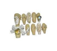 10pcs Rose Bow Yellow Handmade Press On Nails Lace Bow Pearls Love Diamonds Fake Nail For Girls(S)