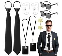 10Pcs Secret Agent Accessories, Agent Costume Fancy Dress Kit with ID Badge Thin Frame Glasses Necktie Prop Lanyard Fake Earpiece Badge for Kids Teens Adults Halloween Cosplay Carnival Outfits Props