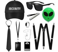 10Pcs Secret Agent Costume Set, Secret Security Guard Outfit Kit with Security Hat Suspenders Sunglasses Flashlight Card Holder Headphones Balloon Tie Ring for Men Women MIB Cosplay Theme Party