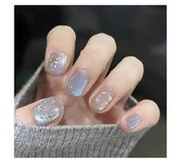 10Pcs Short Round Fake Nails With Champagne Little Heart Cat Eye Wave Pattern Press On Nails DIY Manicure(3 Size M)