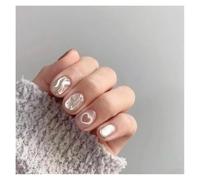 10Pcs Short Round Fake Nails With Champagne Little Heart Cat Eye Wave Pattern Press On Nails Manicure Kit(1 Size M)