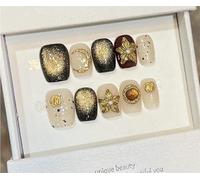 10pcs Short Square Head False Nails with Glue Glitter Fantasy Red Cat Eye Rose Handmade Press-On Nails Wearable Full Coverage Nail Tips(7 Size M)