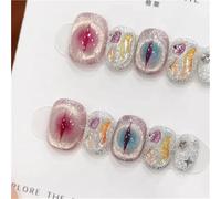 10pcs Short Square Head False Nails with Glue Glitter Fantasy Red Cat Eye Rose Handmade Press-On Nails Wearable Full Coverage Nail Tips(5 Size XS)